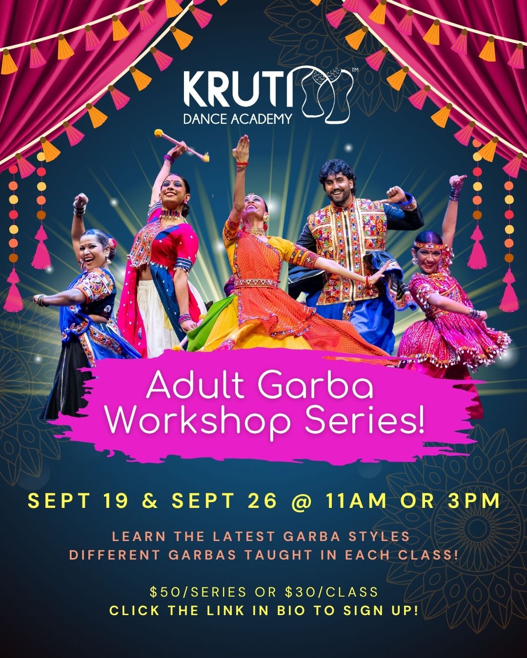 Adult Garba Workshop Series flyer with September class dates and times