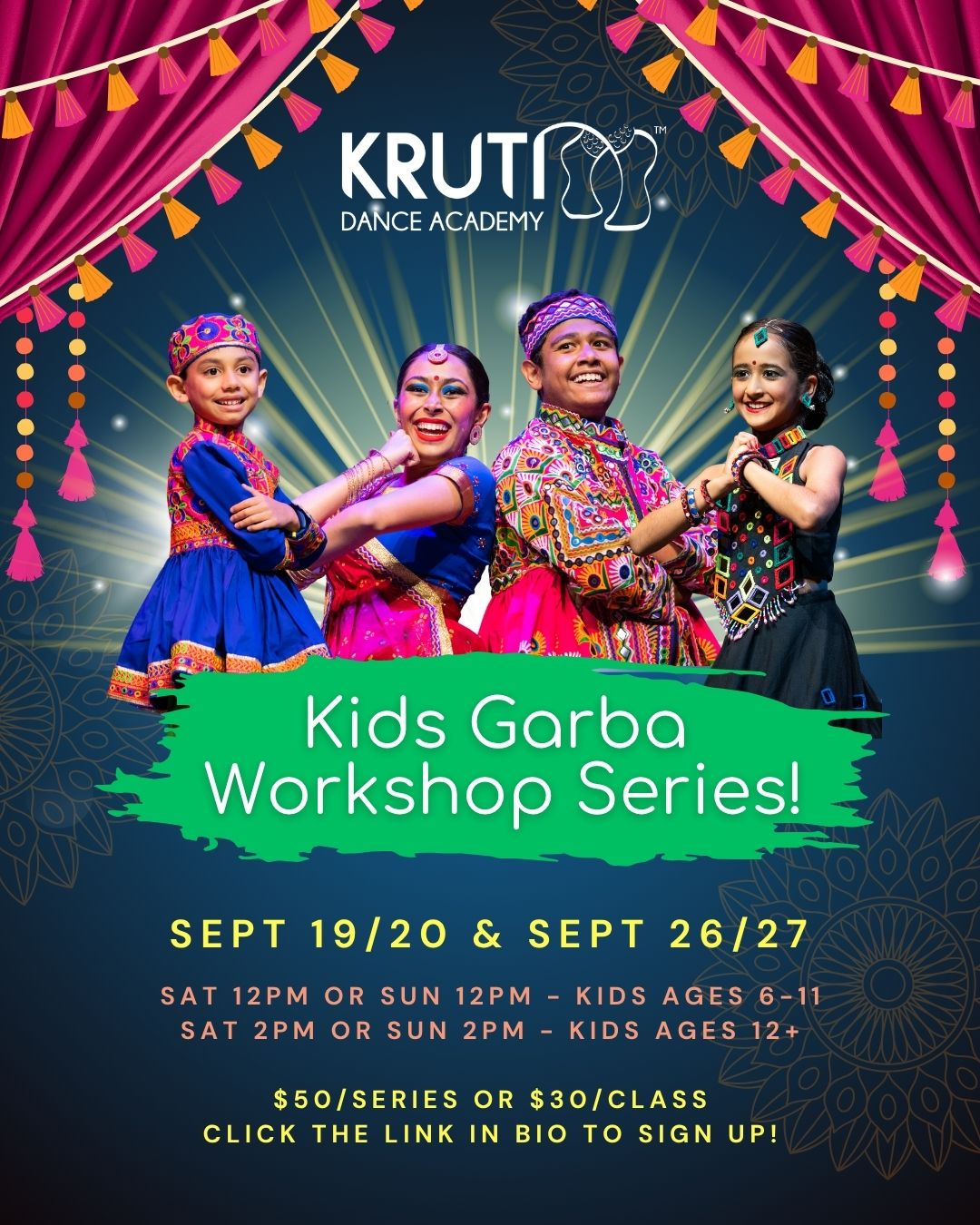 Kids Garba Workshop Series flyer with September class dates and times